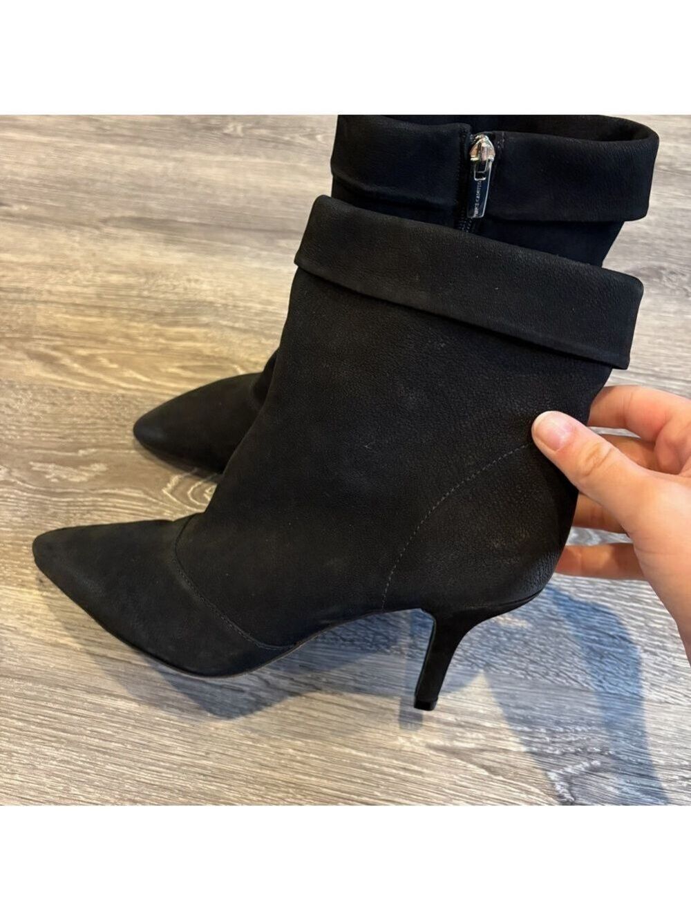 Vince Camuto Black Pointed-Toe Suede Ankle Boots Leather Bottom Size 9.5